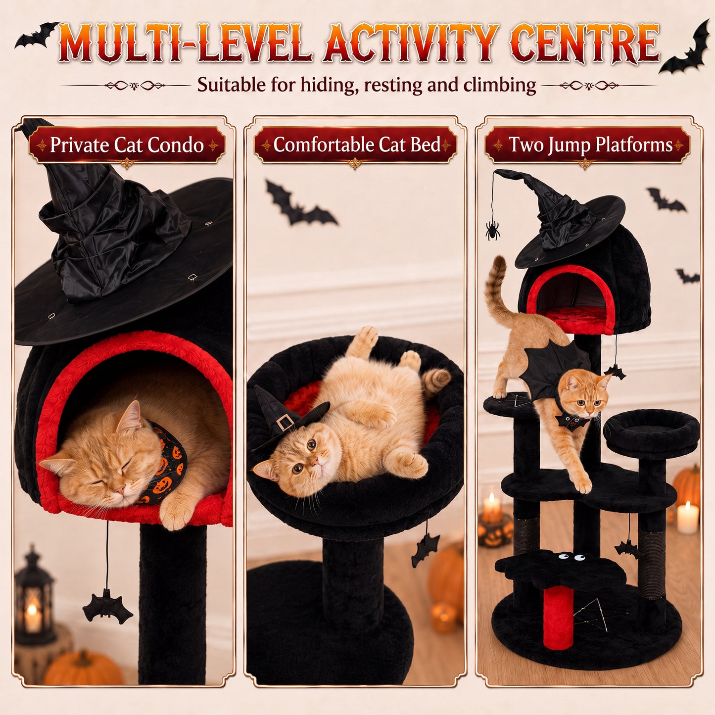PawHut Gothic Cat Tree, 155cm Cat Tower for Indoor Kittens, Multi-Level Stable Kitten Activity Centre, Black, Halloween
