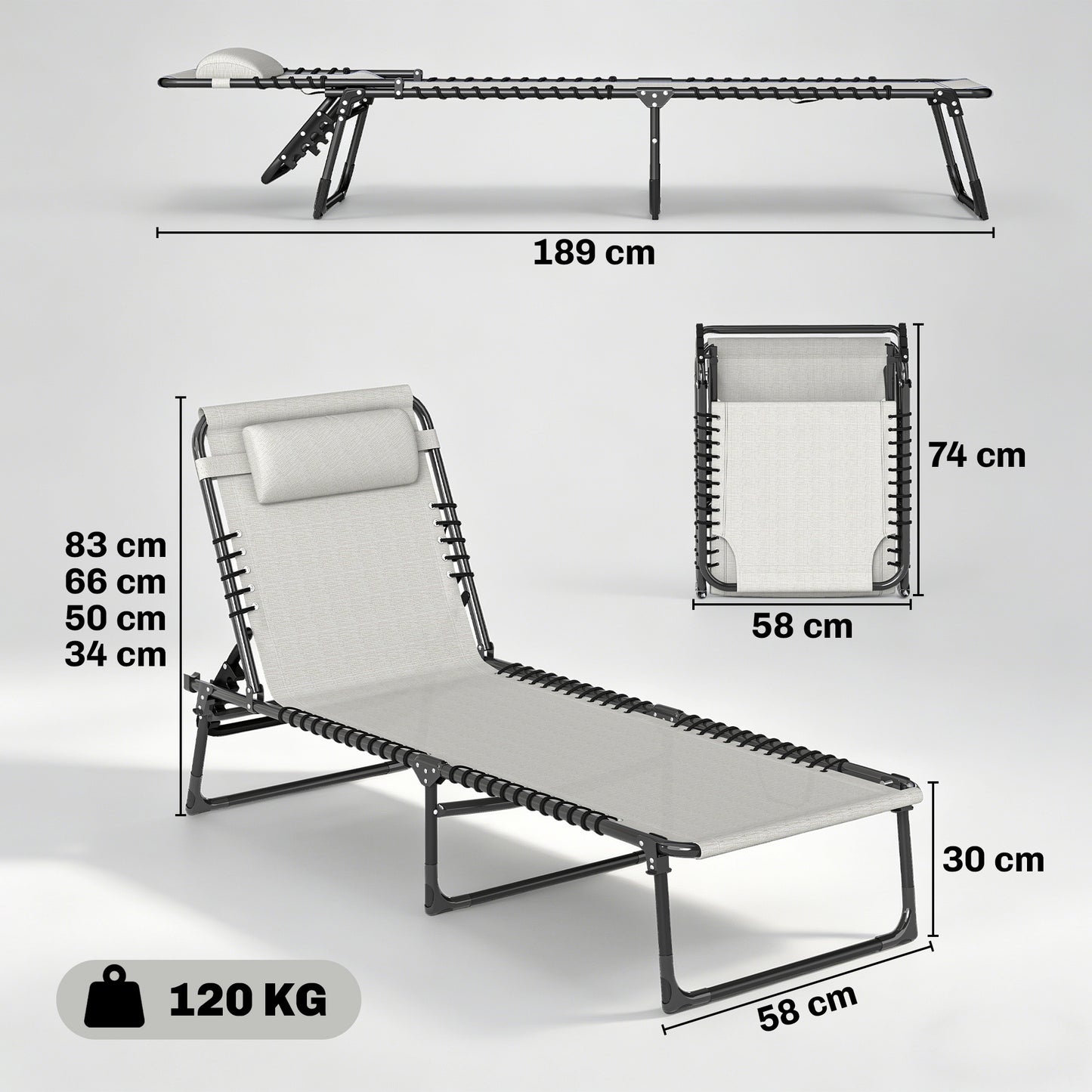 Outsunny Foldable Sun Lounger, Outdoor 4 Level Adjustable Backrest Reclining Chaise Chair, Steel Frame Recliner Chair for Camping, Hiking, Cream White