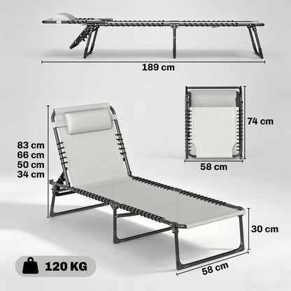 Outsunny Foldable Sun Lounger, Outdoor 4 Level Adjustable Backrest Reclining Chaise Chair, Steel Frame Recliner Chair for Camping, Hiking, Cream White