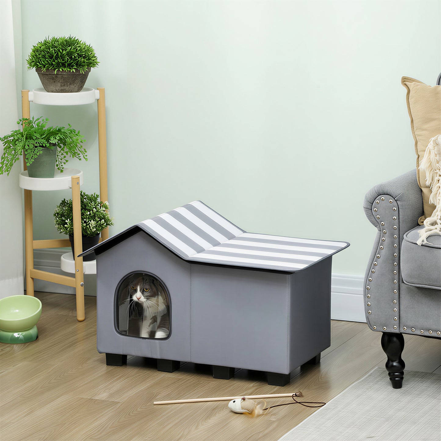 PawHut Outdoor Cat House, Weather Resistant Feral Cat Cave with Elevated Base and Cushion for Winter, Grey--ChewyGames-ChewyGames