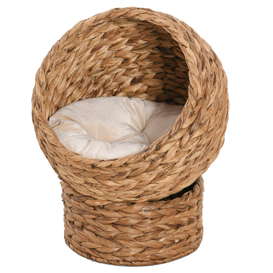 PawHut Wicker Cat Bed, Raised Rattan Cat Basket with Cylindrical Base, Soft Washable Cushion, 50 x 42 x 60 cm - Brown--ChewyGames-ChewyGames