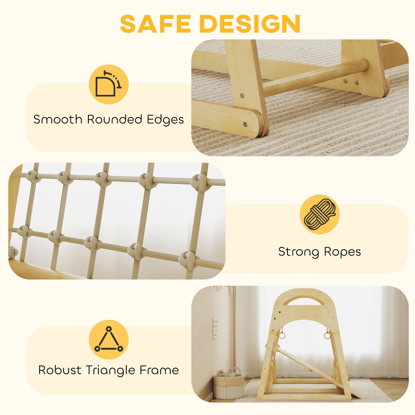 AIYAPLAY 6 in 1 Kids Climbing Frame with Slide, Monkey Bars, Gymnastics Rings, Ladder, Climbing Net, for 3-6 Years, Natural Tone--ChewyGames-ChewyGames
