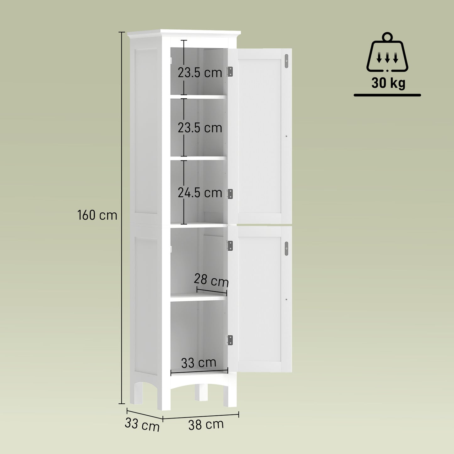kleankin Tall Bathroom Storage Unit, Slim Bathroom Cabinet with Adjustable Shelves and Double Door, White