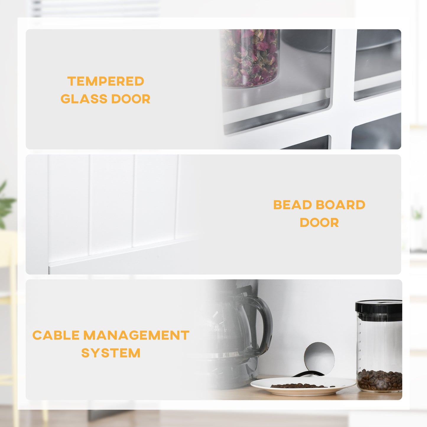 HOMCOM Freestanding Kitchen Cupboard, Kitchen Storage Cabinet with Framed Glass Doors, 2 Drawers, Microwave Counter, 172cm, White