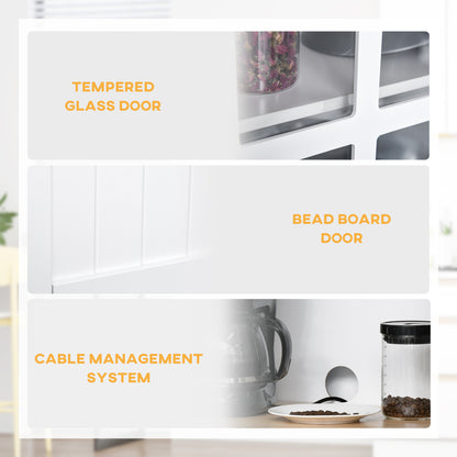 HOMCOM Freestanding Kitchen Cupboard, Kitchen Storage Cabinet with Framed Glass Doors, 2 Drawers, Microwave Counter, 172cm, White