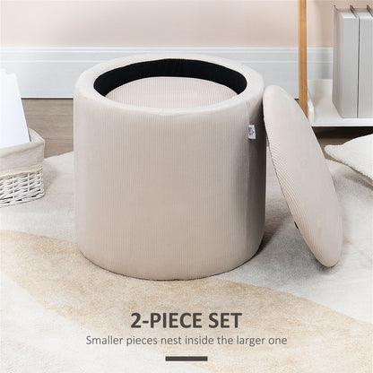 HOMCOM Set of 2 Round Ottoman with Storage, Fabric Vanity Stool for Makeup, Footrest Stool with Removable Lid for Living Room & Bedroom, Cream White
