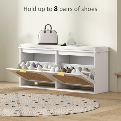 HOMCOM Boho Shoe Bench with Padded Seat and 2 Flip-Drawers - White
