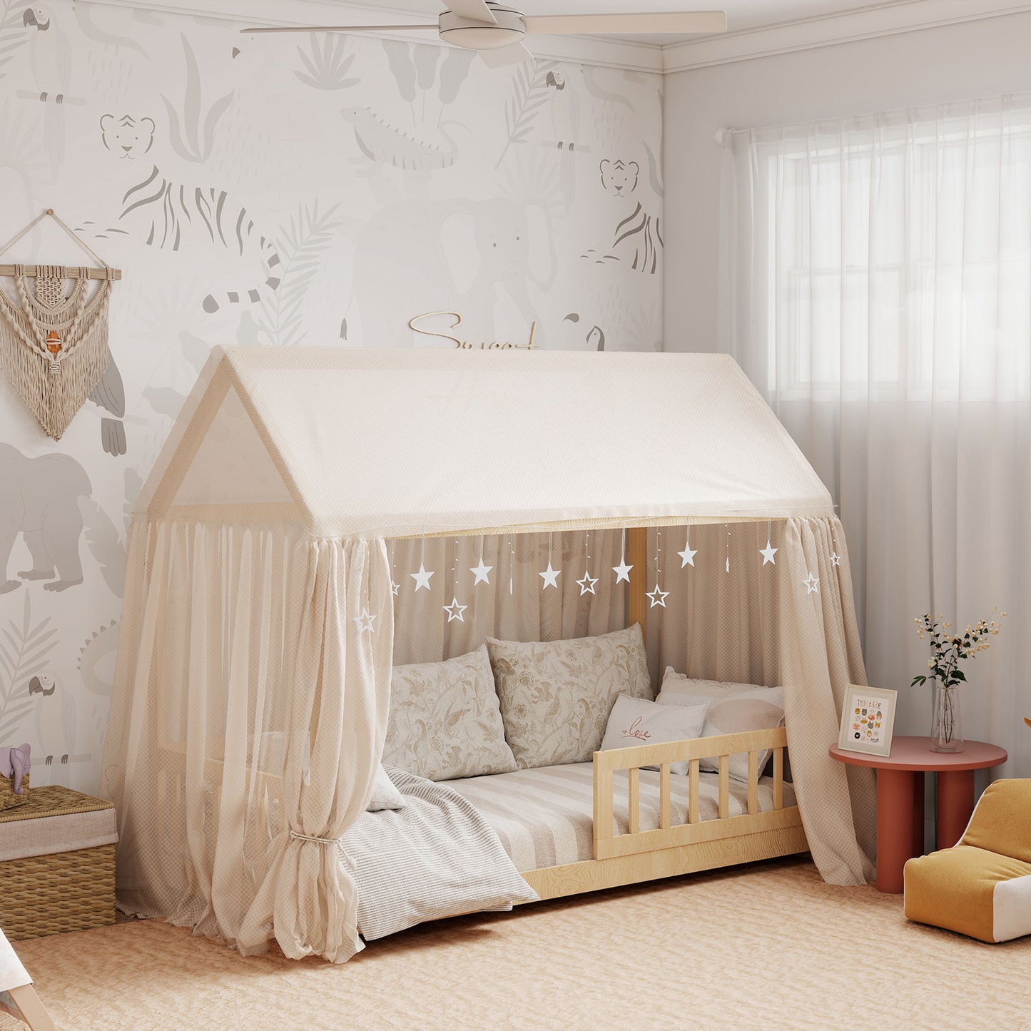 HOMCOM House-Shaped Kids Bed Frame with Guard Rails, Solid Pine Wood Single Bed Frame for Kids Boys and Girls, Natural