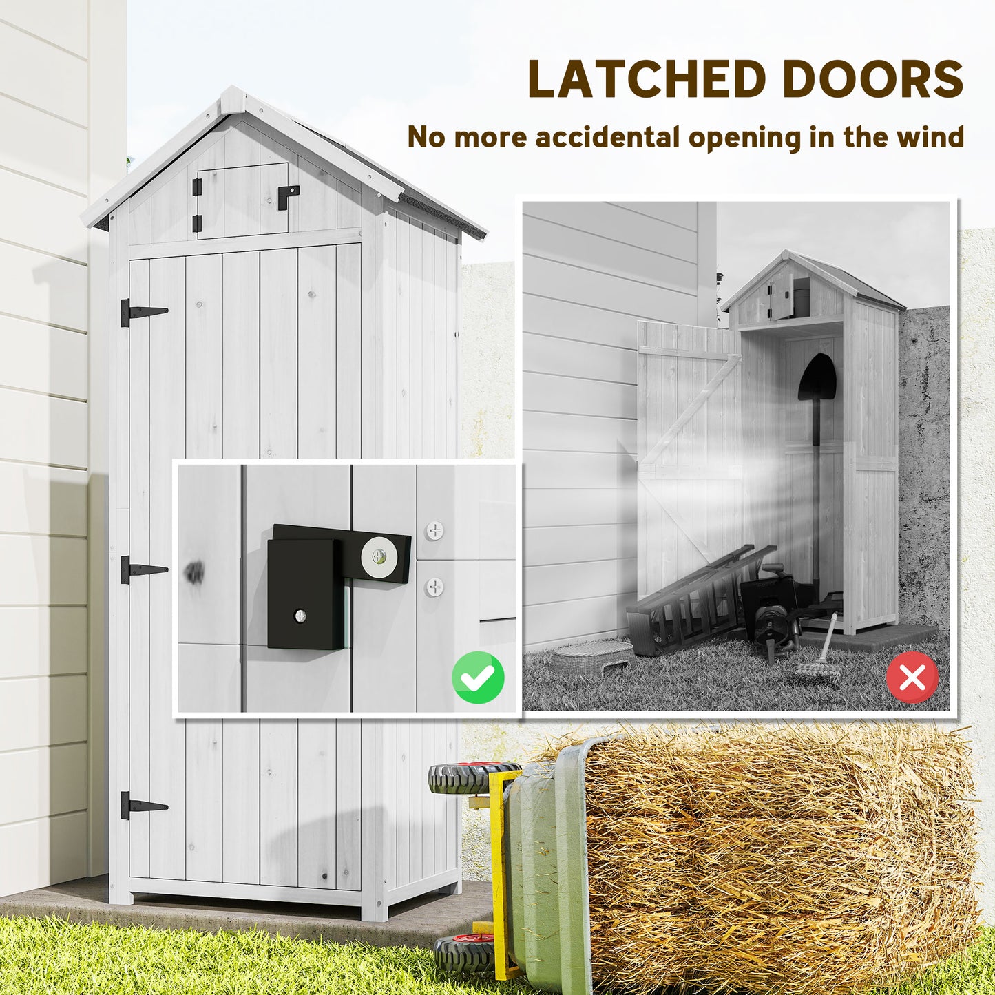 Outsunny Small Shed, Tall Slim Wooden Garden Shed with 3 Removable Shelves and Roof Hatch, Compact Outdoor Tool Storage Cabinet with Asphalt Roof and Door Latch, 77 x 54.2 x 179 cm, Light Grey