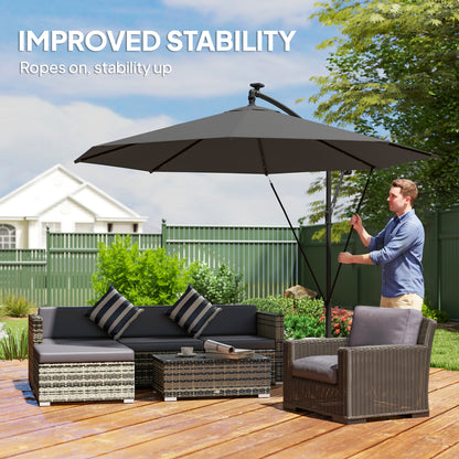Outsunny 3 m Cantilever Parasol with Solar LED Lights Garden Umbrella with Cross Base, Black