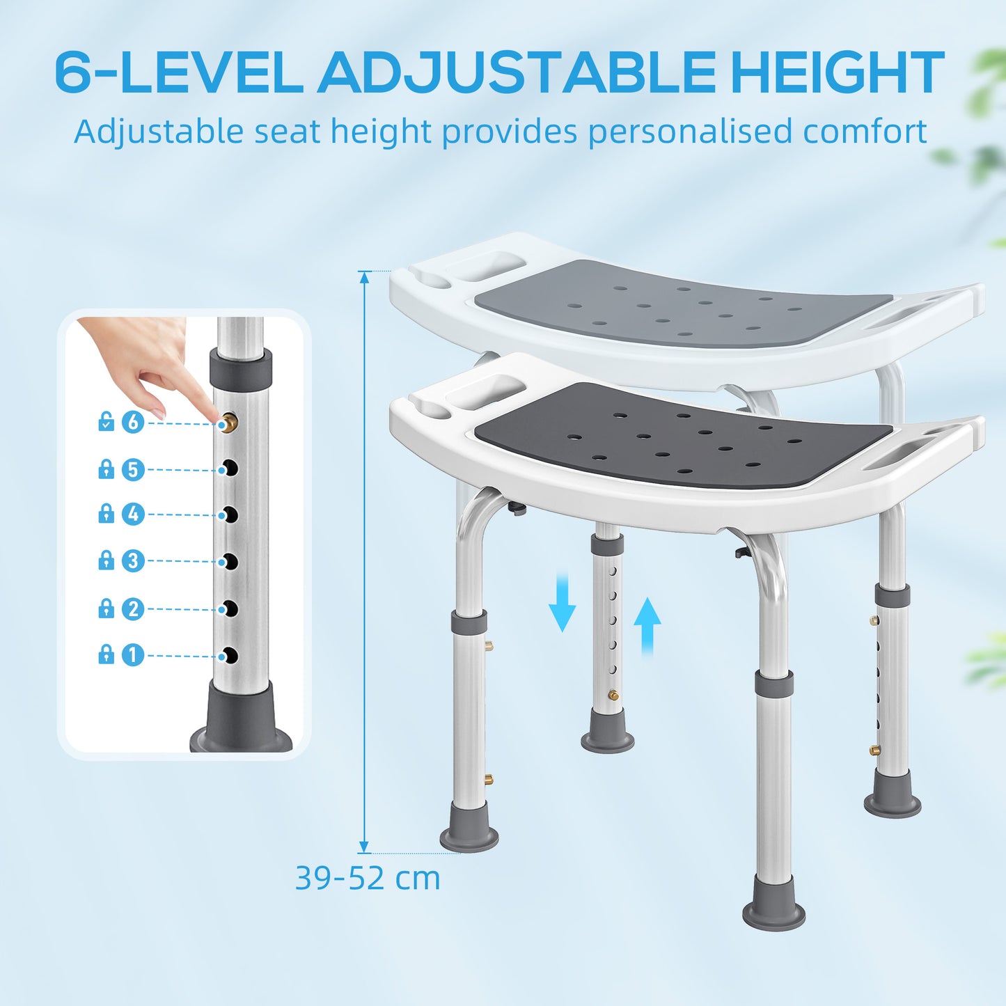 HOMCOM Shower Chair, Adjustable Height Shower Stool with Aluminium Frame and Non-Slip Feet, Bathtub Stool Seat with Padded Seat for Elderly Disabled Handicap, Grey