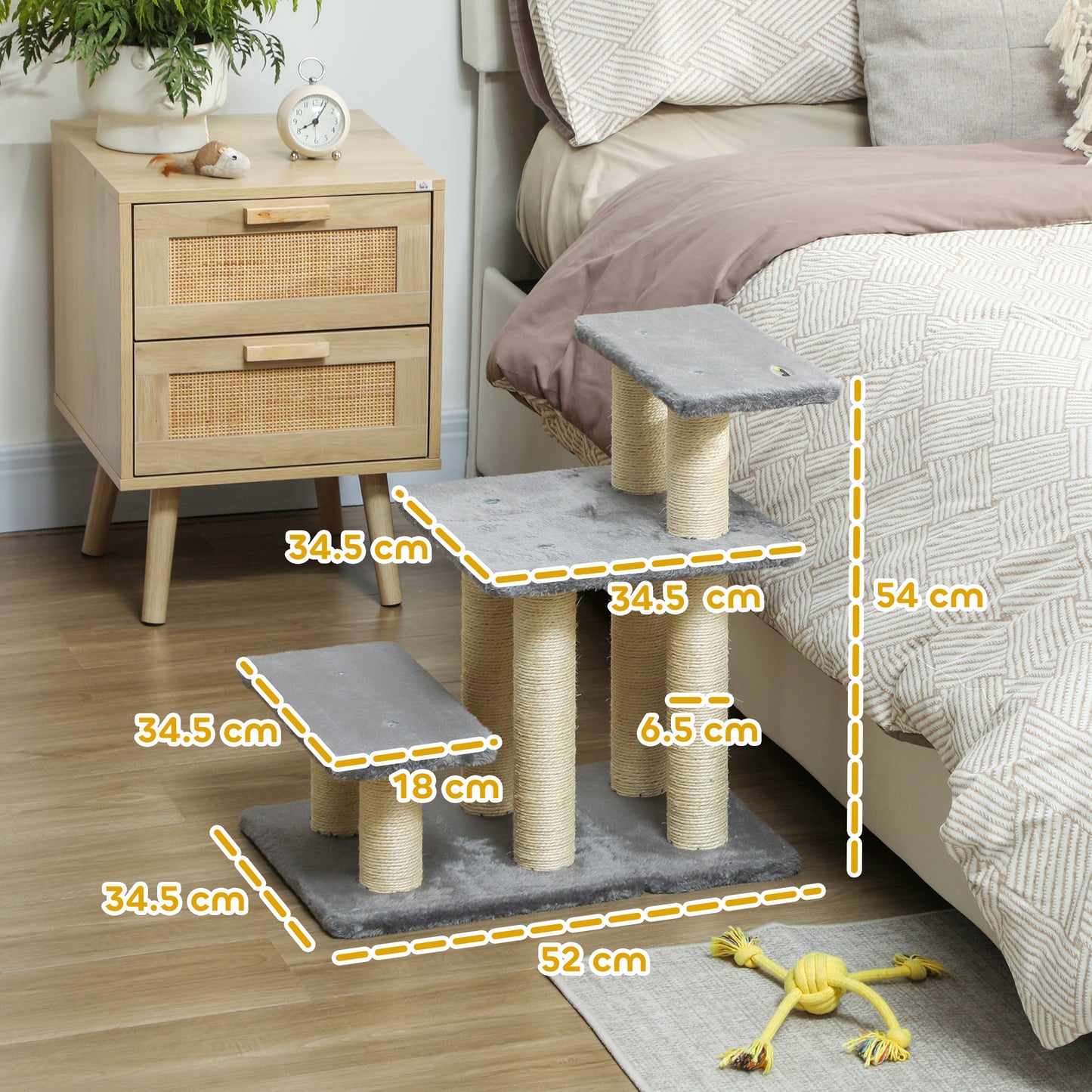 PawHut Dog Steps for Bed, 3 Step Adjustable Pet Stairs for Sofa with 6 Sisal Scratching Posts for Small Dogs & Cats, Grey