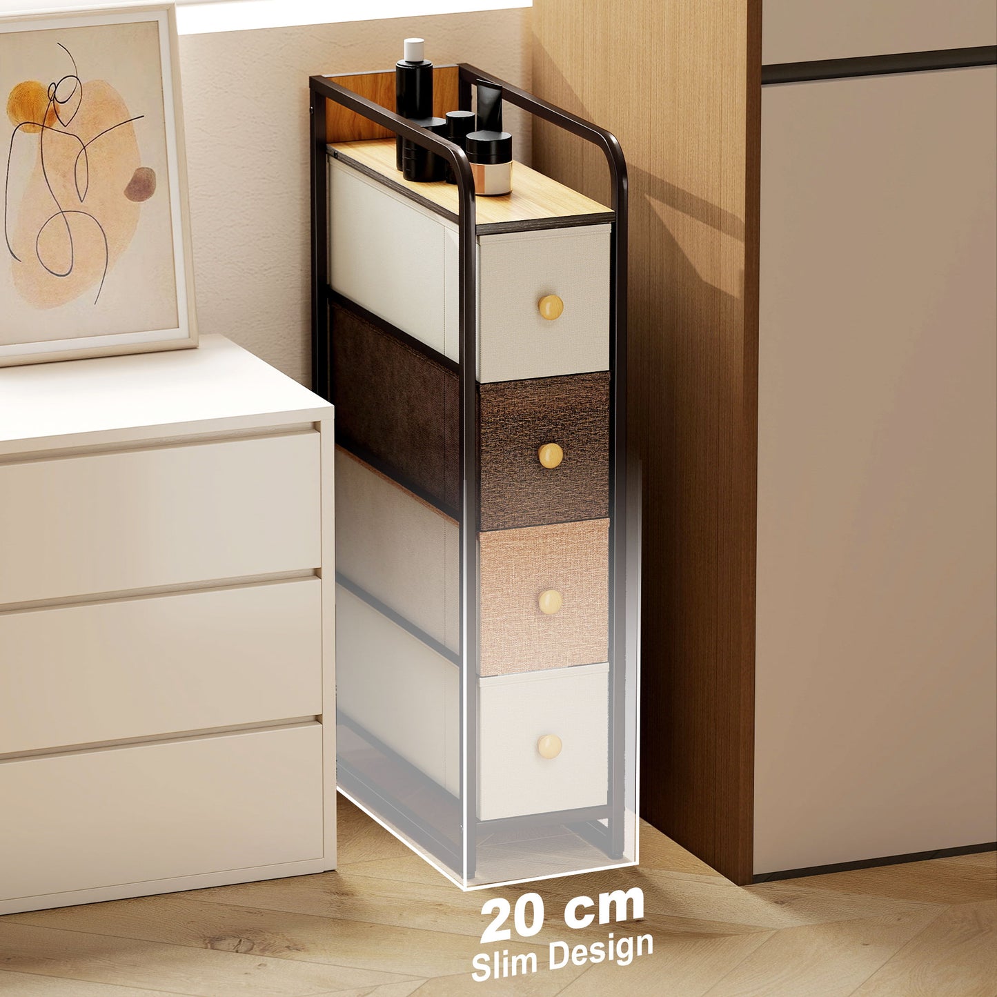 HOMCOM 4-Drawer Storage Organiser Unit, Chest of Drawers with Steel Frame for Bedroom, Living Room, Mixed-Brown