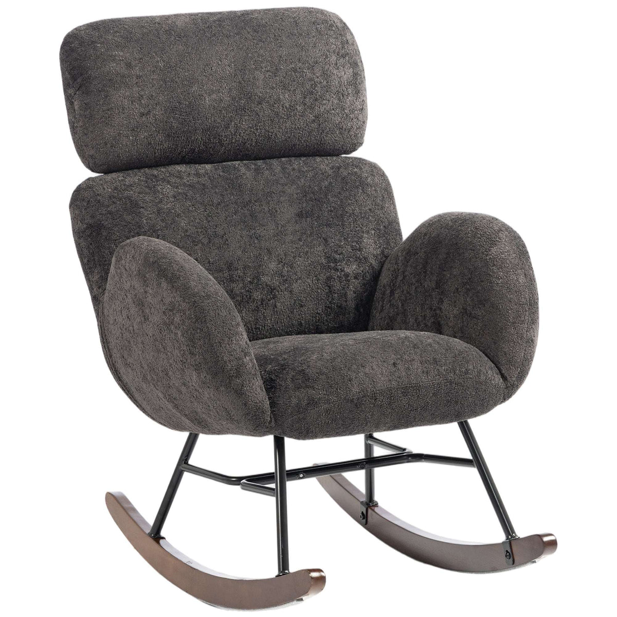 HOMCOM Upholstered Rocking Chair Adjustable Headrest Rocker Chair Raindrop Velvet Rubberwood Base Dark Grey