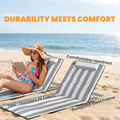 Outsunny Set of 2 Foldable Garden Beach Chair Mat Lightweight Outdoor Sun Lounger Seats Adjustable Back Metal Frame PE Fabric Head Pillow w/ Carry Bag, Light Grey