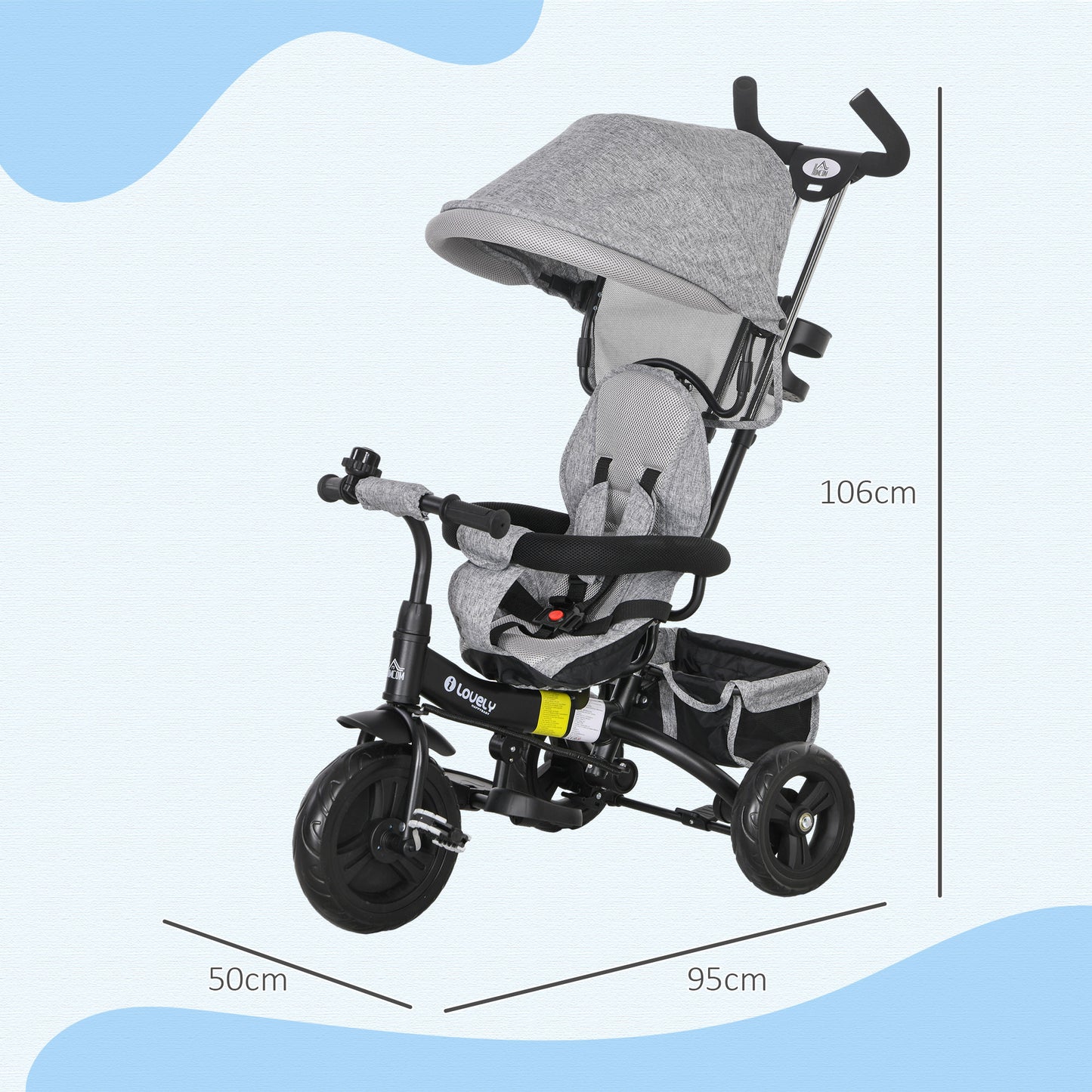 HOMCOM 6 in 1 Kids Trike Push Bike w/ Push Handle, Canopy, 5-point Seat Belt, Storage, Footrest, Brake, for 1-5 Years, Grey