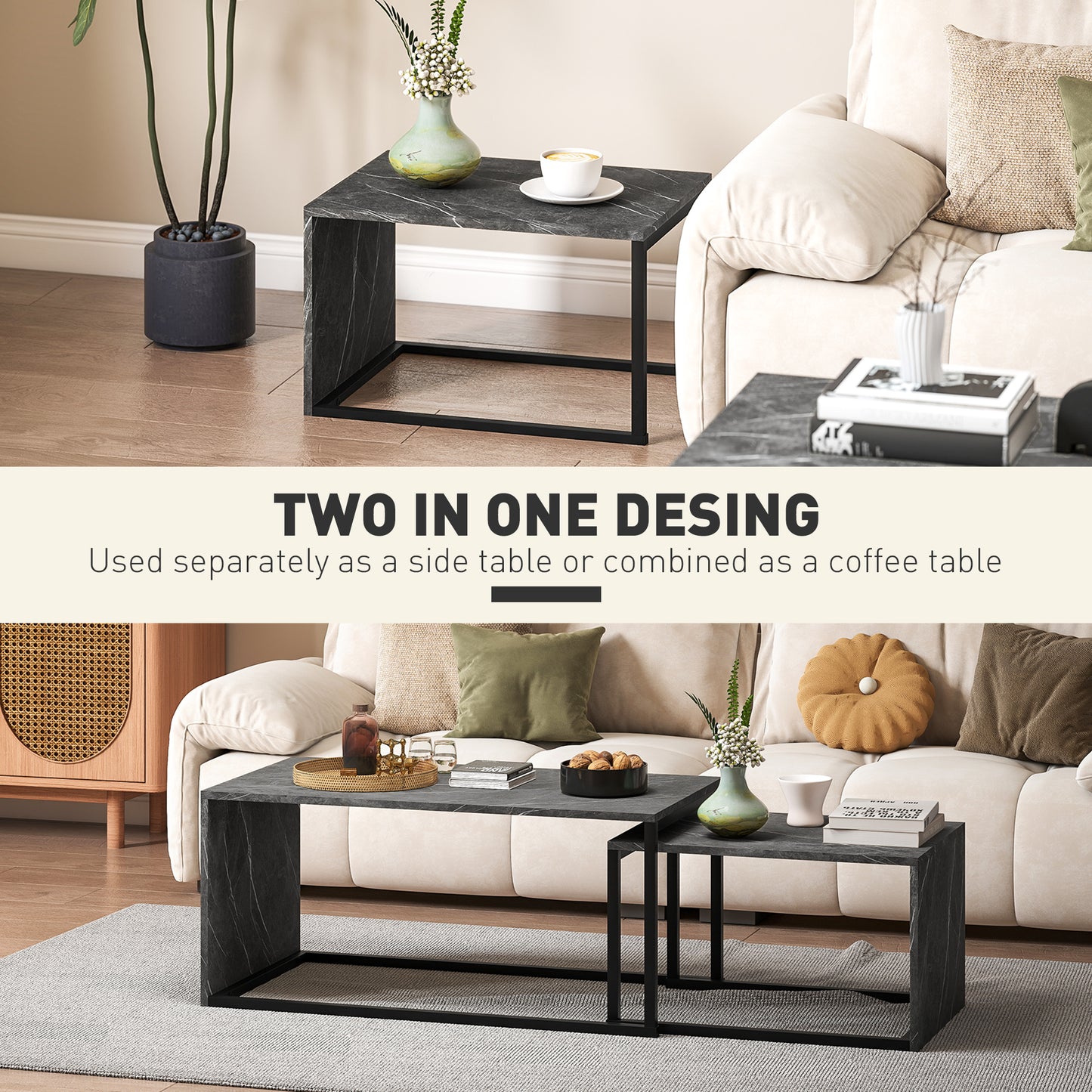 HOMCOM Nesting Coffee Table Set of 2, Industrial Stacking Side End Tables with Metal Frame for Living Room, Bedroom, Dark Grey Marble Effect