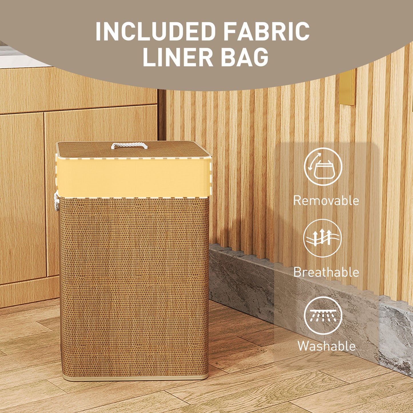 HOMCOM Bamboo Laundry Basket with Lid, 72L Laundry Hamper with Rope Handles, Washing Basket with Removable Washable Liner Bag for Bathroom, Bedroom, Brown