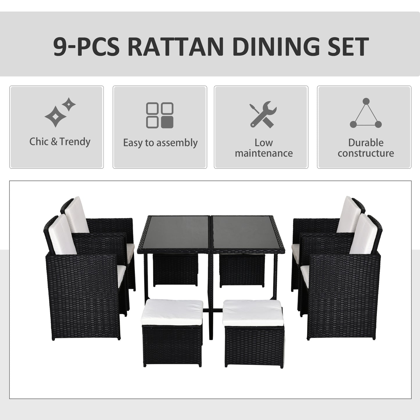 Outsunny 9 Piece Rattan Cube Garden Furniture Dining Set with Armchairs, Footstools and Glass-Top Table, Black
