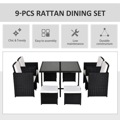 Outsunny 9 Piece Rattan Cube Garden Furniture Dining Set with Armchairs, Footstools and Glass-Top Table, Black