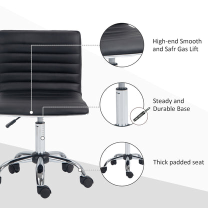 HOMCOM Armless Task Desk Chair, Swivel Office Chair with Faux Leather, Adjustable Seat Height, Chrome Base, Wheels for Home, Black