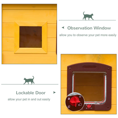 Pawhut Garden Wooden Cat House Hide Cage Outdoor Pet Play Home Waterproof Roof Kitty Shelter Kennel w/ith Door & Window