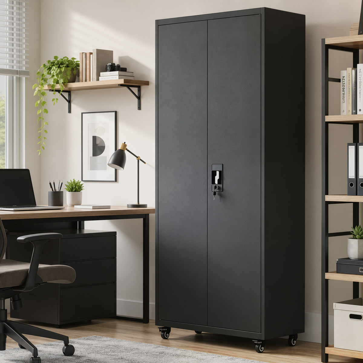 HOMCOM Metal Storage Cabinet, 180 cm Tall Lockable Steel Tool Cabinet with Removable Wheels and Adjustable Shelves, Black