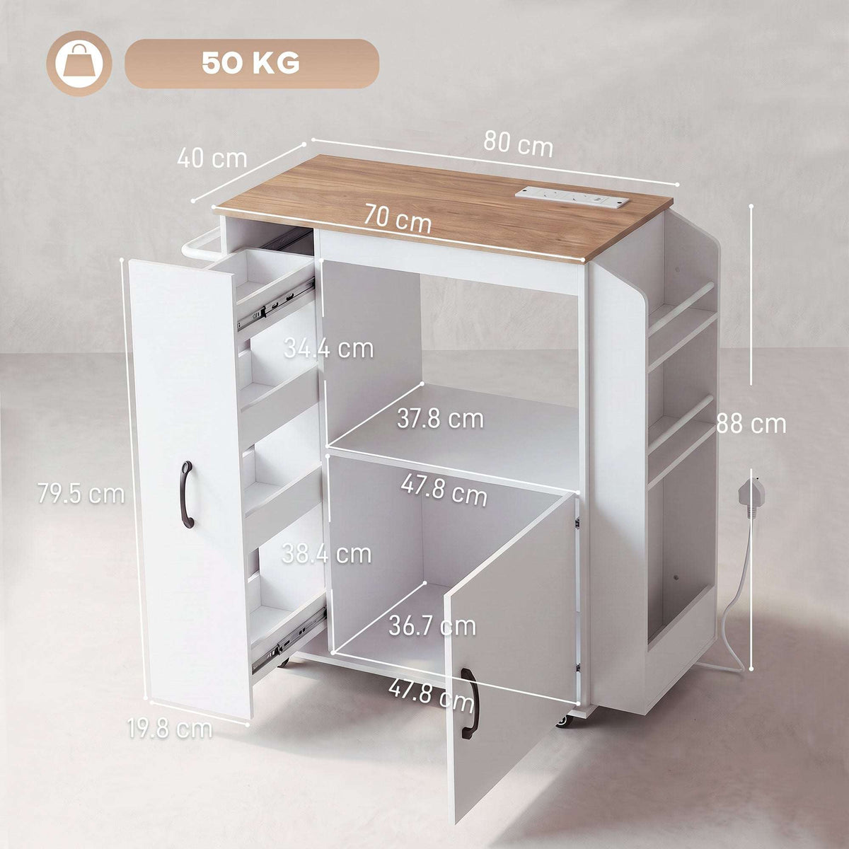 HOMCOM Kitchen Trolley on Wheels, Rolling Kitchen Island Cart with Power Outlet, Cabinet, Pull-Out Drawer, White