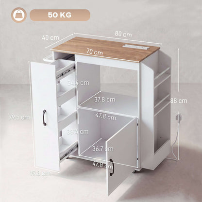 HOMCOM Kitchen Trolley on Wheels, Rolling Kitchen Island Cart with Power Outlet, Cabinet, Pull-Out Drawer, White