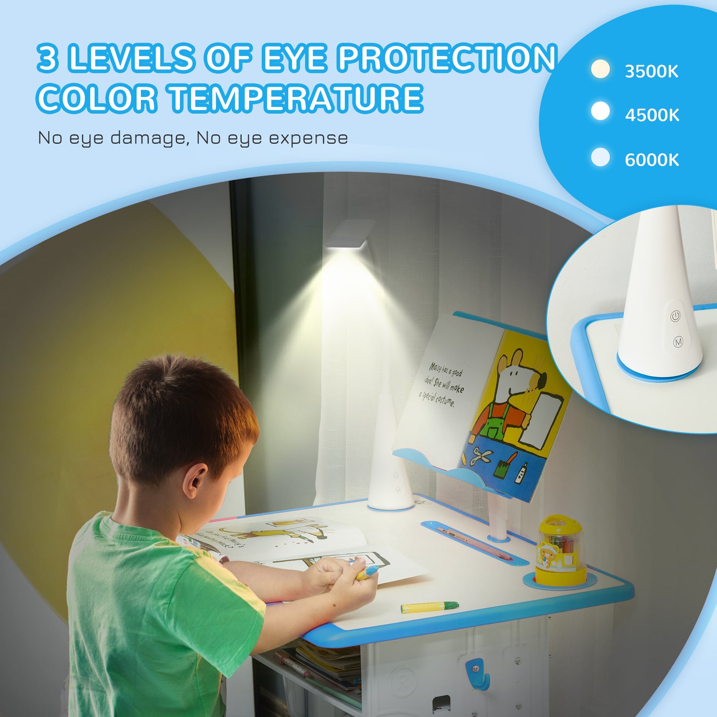 HOMCOM Kids Desk and Chair Set Adjustable Height Study Table Set with Drawer, Book Stand, Pen Slot - Blue