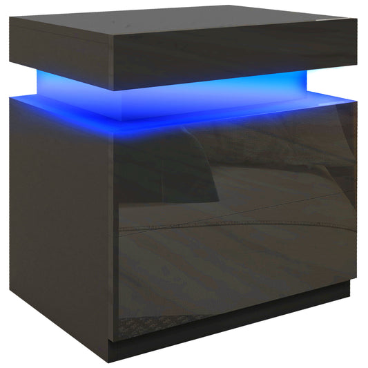 HOMCOM Black Bedside Table with LED Light, High Gloss Front Nightstand with 2 Drawers, for Living Room, Bedroom