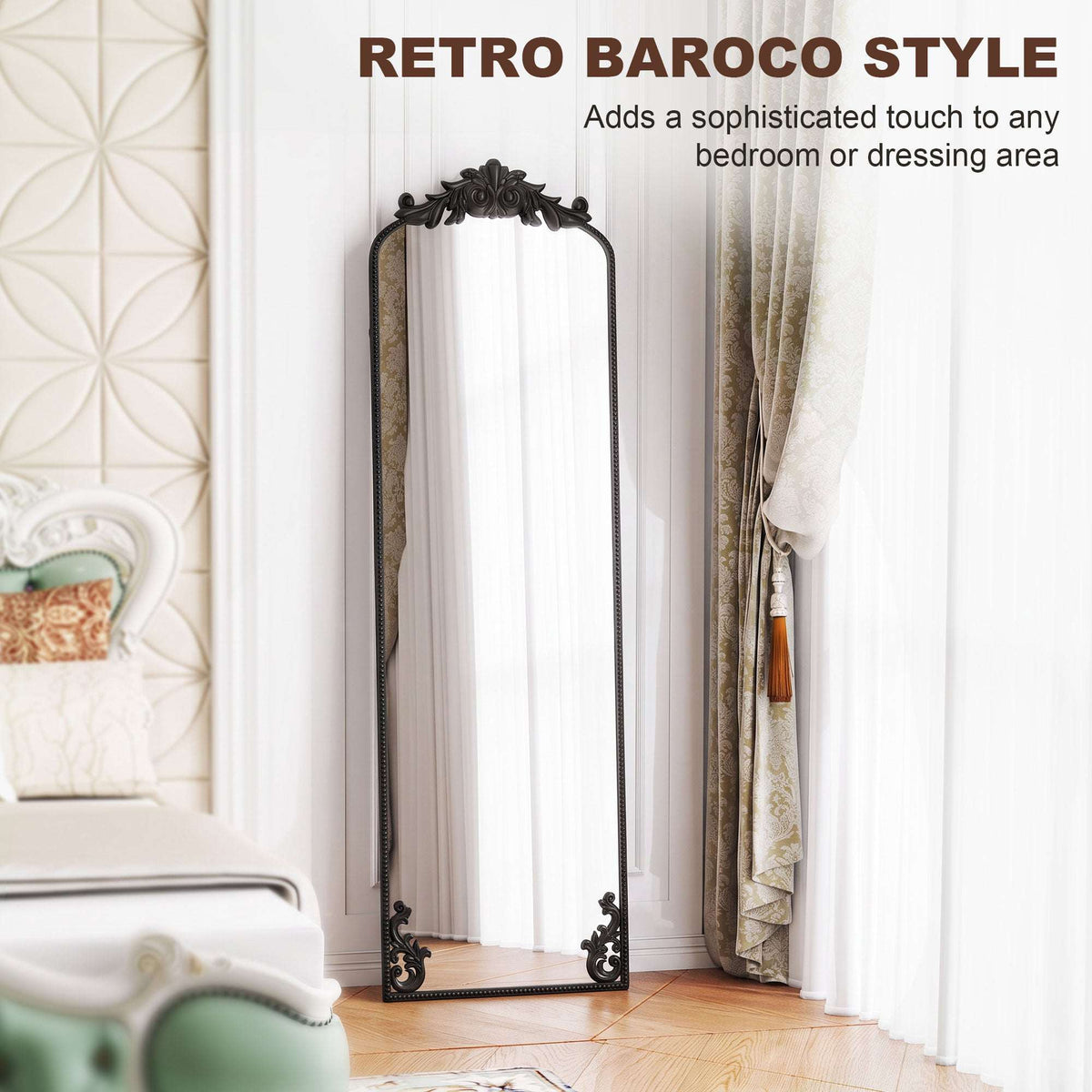 HOMCOM Floor Mirror, 50 x 160 cm Full Length Mirror with Baroque Metal Frame for Bedroom, Living Room, Dressing Room, Black