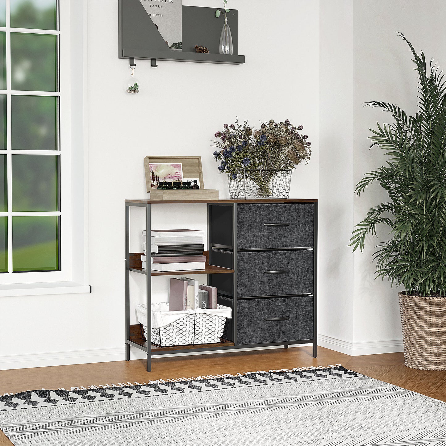 HOMCOM Chest of Drawers Storage  Dresser Cabinet Organizer with 3 Fabric Drawers and 2 Display Shelves for Living Room, Bedroom, Hallway, Black