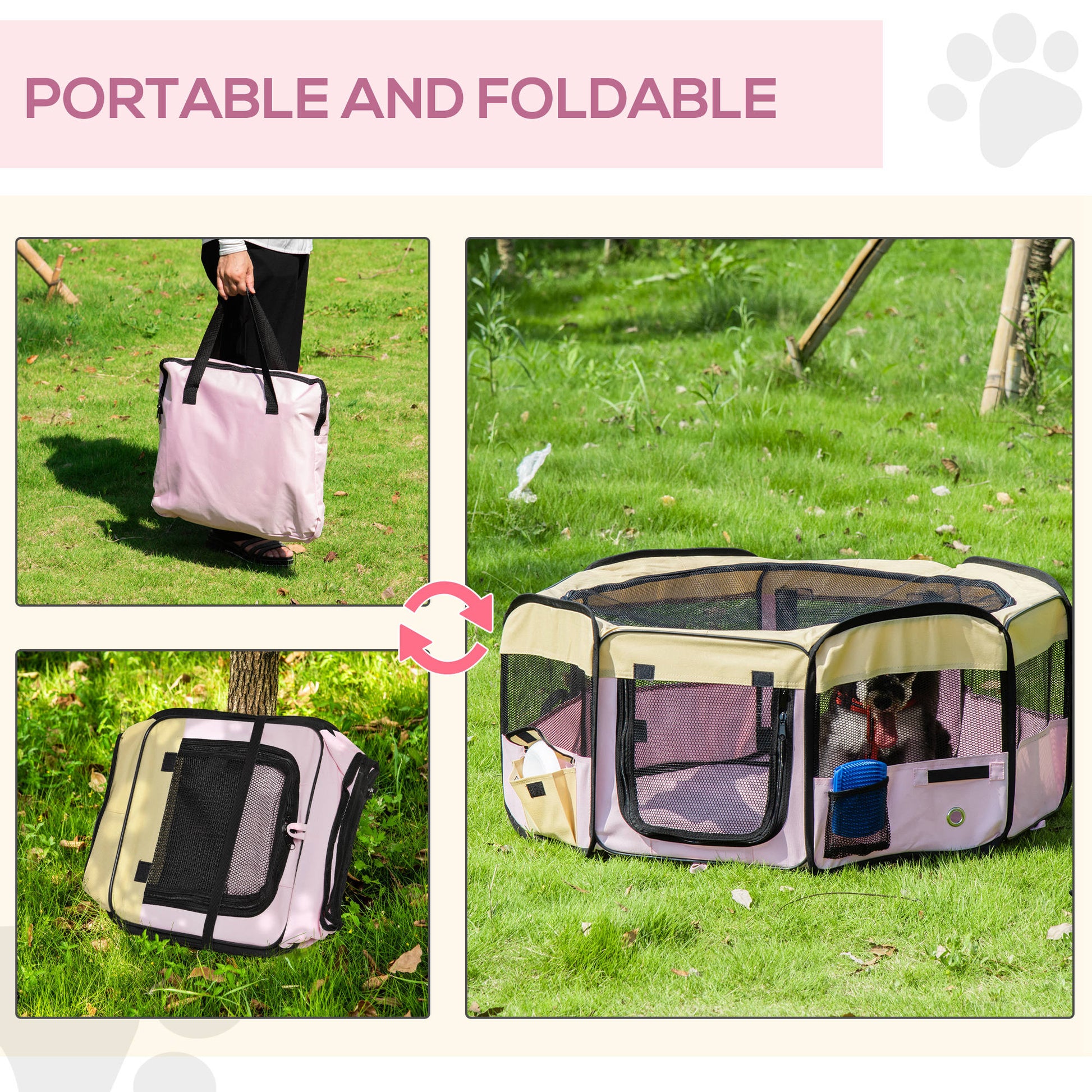 PawHut Fabric Pet Whelping Box Dog Cat Puppy Playpen Rabbit Guinea Pig Play Pen in Pink With Carry Bag Small Dia 90 x 41Hcm--ChewyGames-ChewyGames