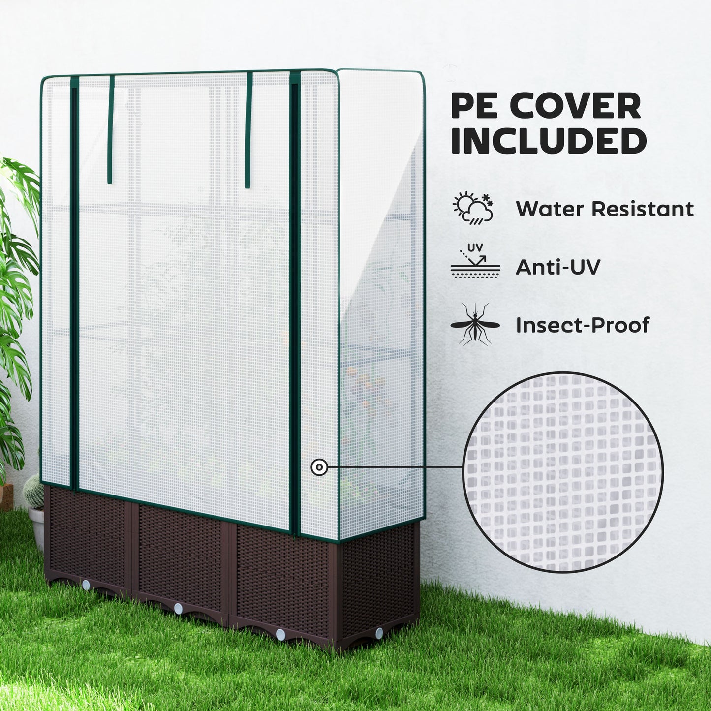 Outsunny Raised Garden Bed with Trellis, Plastic Planter Box with PE Cover, Drainage Holes, Drain Plugs and Water Reservoirs for Climbing Plants, Vegetables, Flowers, 120 x 40 x 140 cm