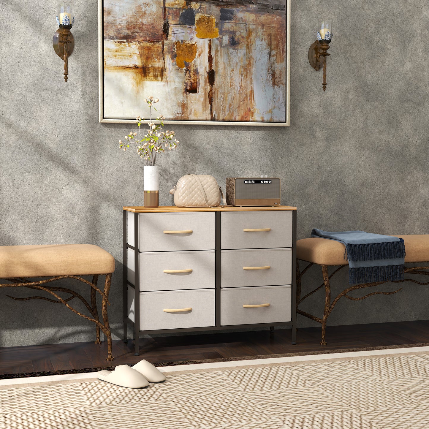HOMCOM Fabric Chest of Drawers, Industrial Bedroom Dresser with 6 Fabric Drawers, Steel Frame and Wooden Top for Nursery, Living Room, Hallway, Cream White