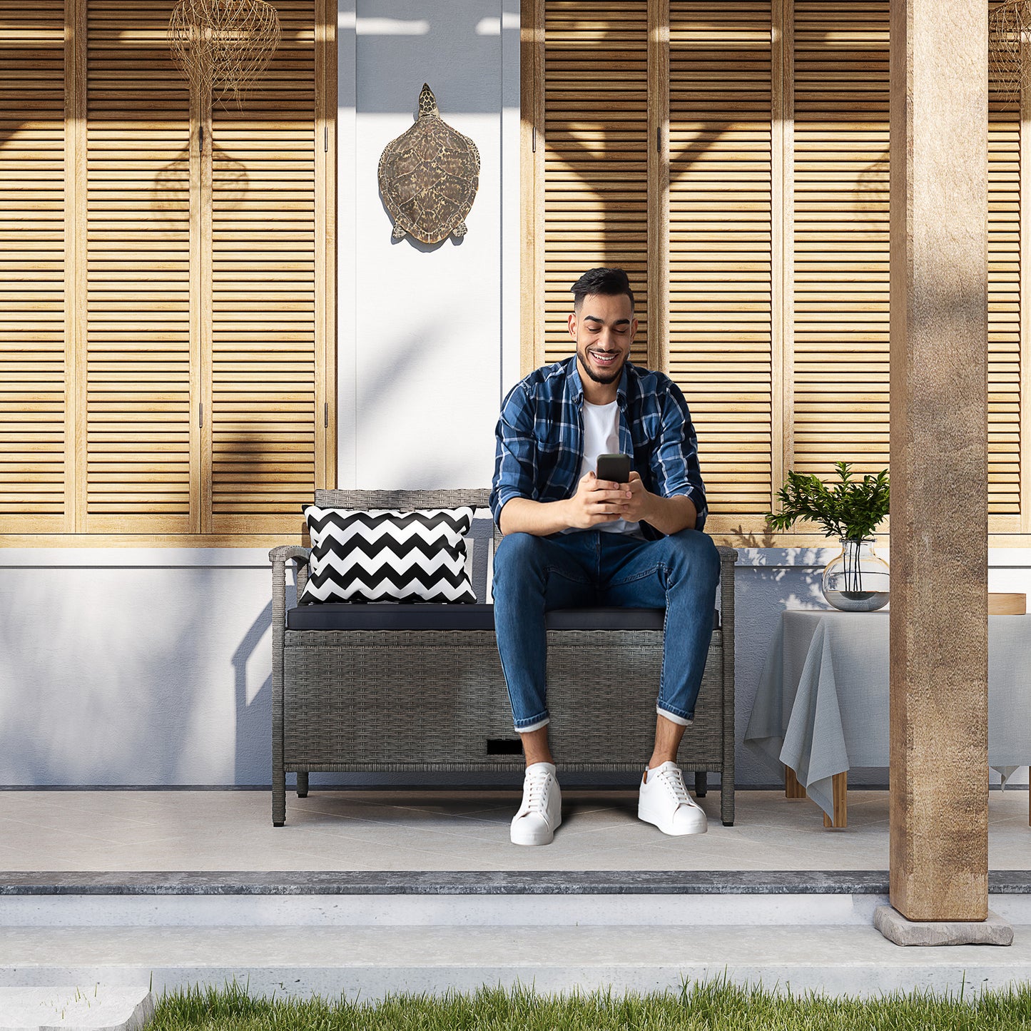 Outsunny 160L Storage Two-Seater Rattan Bench - Grey--ChewyGames-ChewyGames