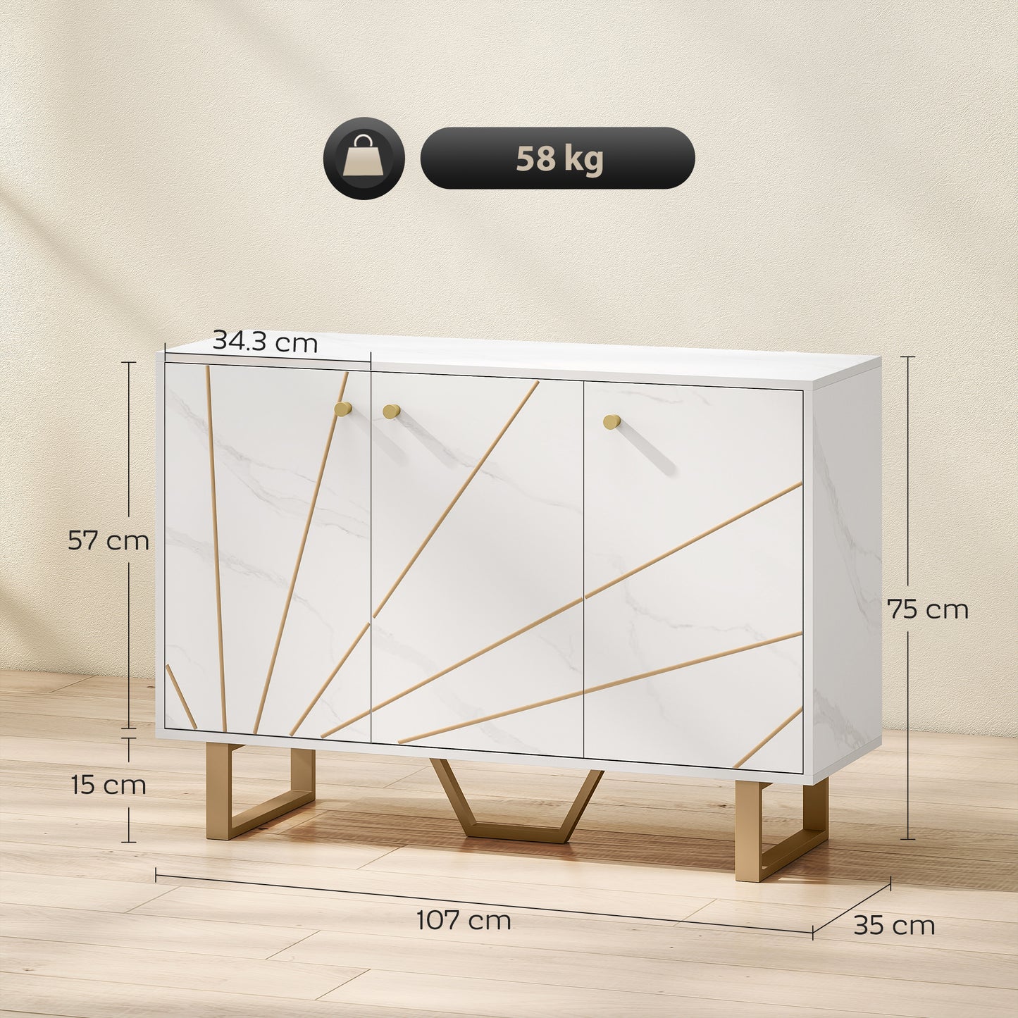 HOMCOM Sideboard Storage Cabinet, Modern Storage Cupboard with Adjustable Shelves and Metal Legs for Living Room, Kitchen, Dining Room, Entryway, White Marble Tone