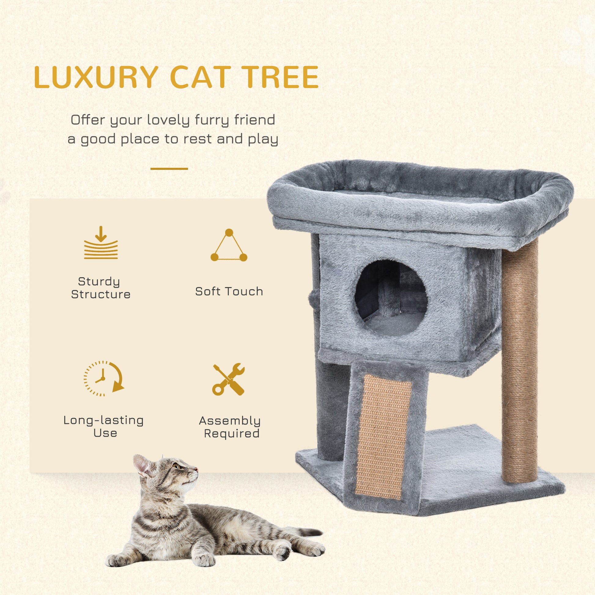 PawHut Cat Tree Tower for Indoor Cats Cat Scratching Post Climbing Activity Centre w/Jute Scratching Pad, Toy Ball, Cat House - Grey--ChewyGames-ChewyGames