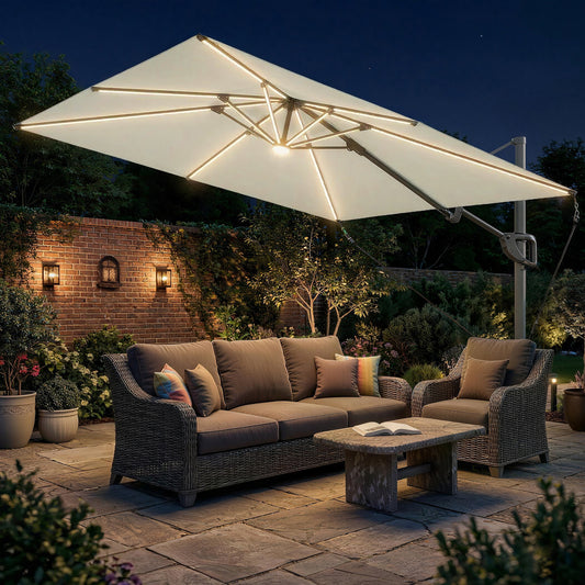 Outsunny 3 x 3 m Garden Cantilever Parasol w/ Light, Cover, UPF50+ Patio Umbrella w/ Wind Protection, 360° Rotation, Cream White