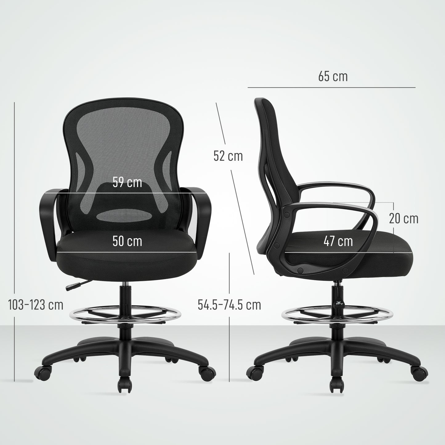 Vinsetto Drafting Chair with Adjustable Footrest, Ergonomic Mesh Office Chair with Lumbar Support, Adjustable Height for Standing Desk, Black