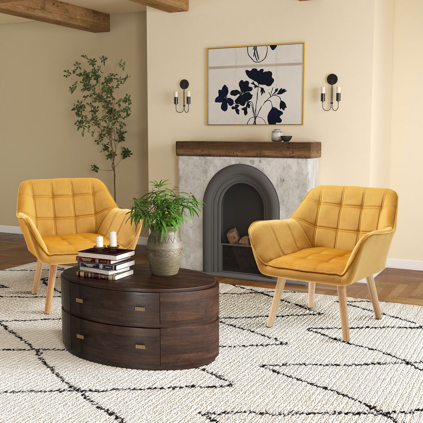 HOMCOM Accent Chair, Velvet Upholstered Vanity Tub Chair with Flared Armrests, Slanted Back, Solid Wood Legs, Comfy Padding Armchair, Home Bedroom Furniture Seating, Set of 2, Yellow