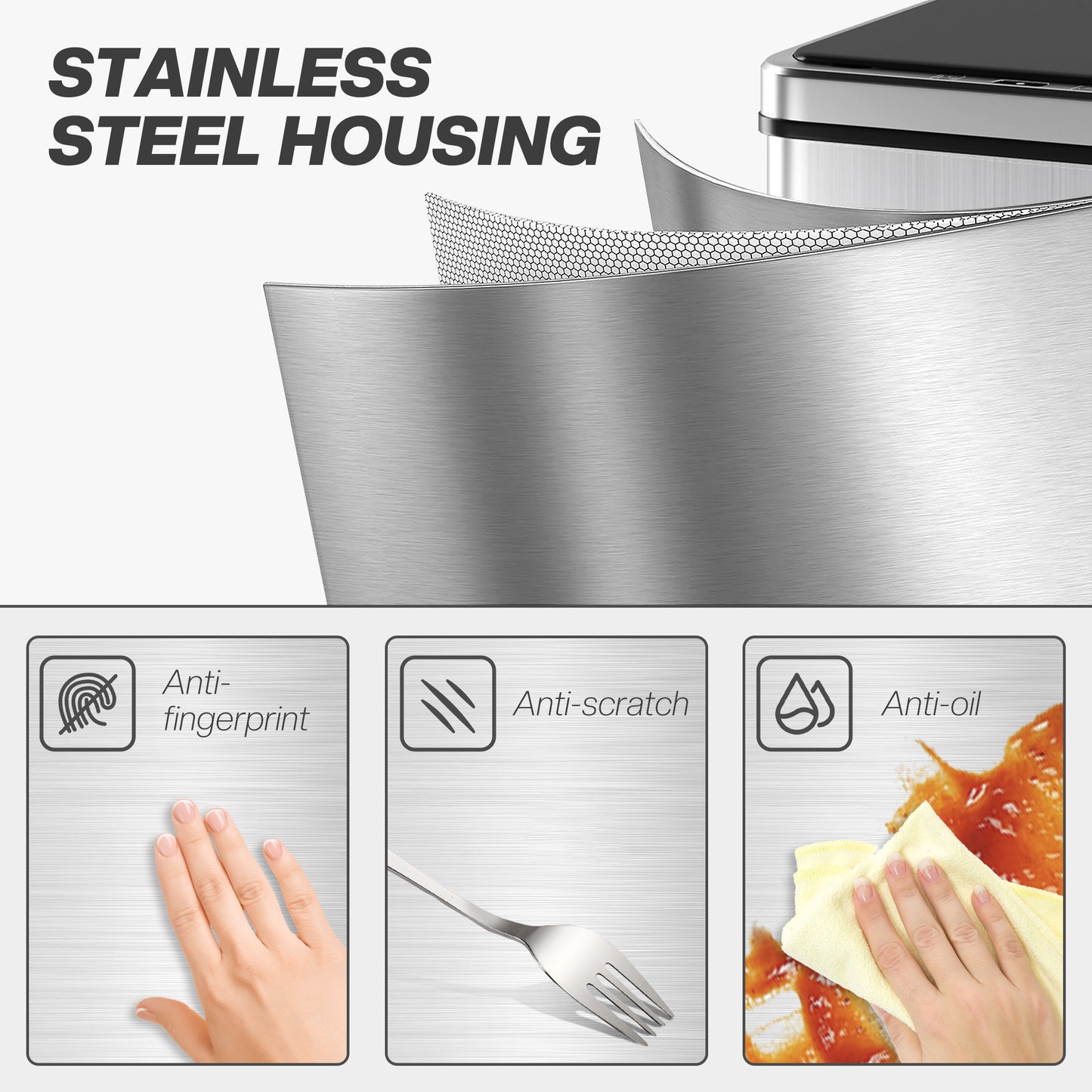 HOMCOM 40L Sensor Bin with Quiet Soft-Close Lid, Automatic Touchless Motion Sensor Kitchen Bin with Fingerprint Resistant Stainless Steel for Hygienic Gyms, Home Office Use, Silver Tone