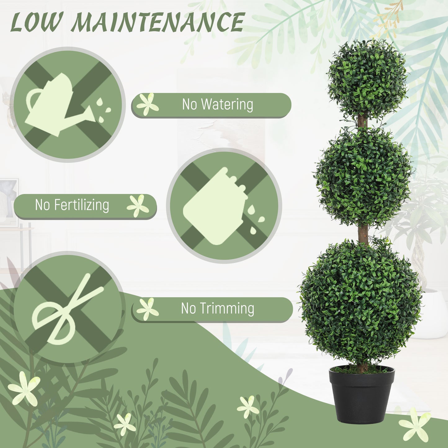 HOMCOM Set of 2 Decorative Artificial Trees, Topiary Ball-shaped Boxwood Trees in Pot, Fake Plants for Home Indoor outdoor Decor, 100cm, 3 Tree Balls