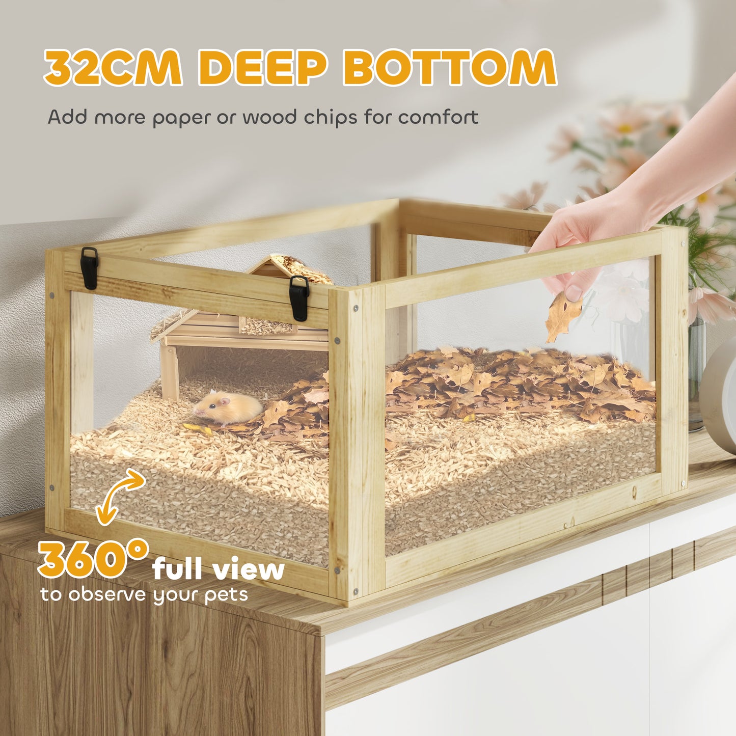 PawHut Wooden Hamster Cage with Detachable 32cm Deep Bottom, Hut, Seesaw, Exercise Wheel, Ramp, 60 x 40 x 75cm, Natural--ChewyGames-ChewyGames