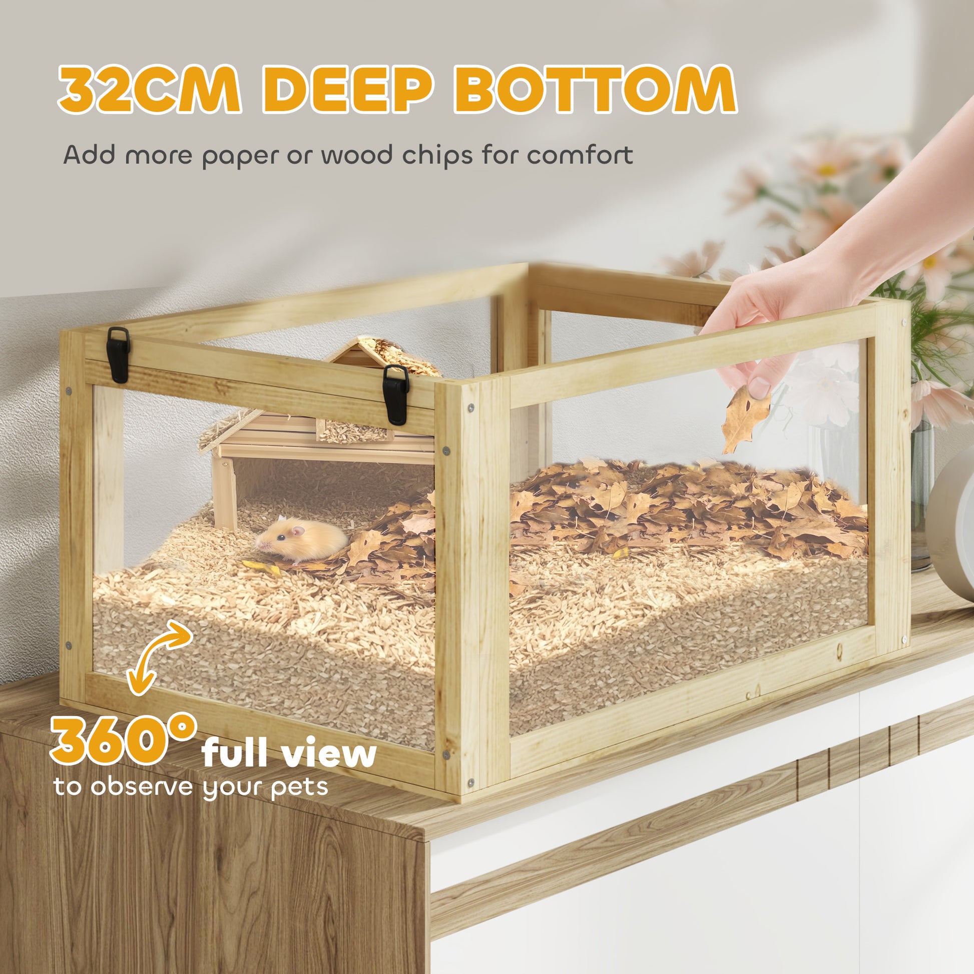 PawHut Wooden Hamster Cage with Detachable 32cm Deep Bottom, Hut, Seesaw, Exercise Wheel, Ramp, 60 x 40 x 75cm, Natural--ChewyGames-ChewyGames