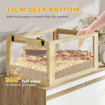 PawHut Wooden Hamster Cage with Detachable 32cm Deep Bottom, Hut, Seesaw, Exercise Wheel, Ramp, 60 x 40 x 75cm, Natural--ChewyGames-ChewyGames