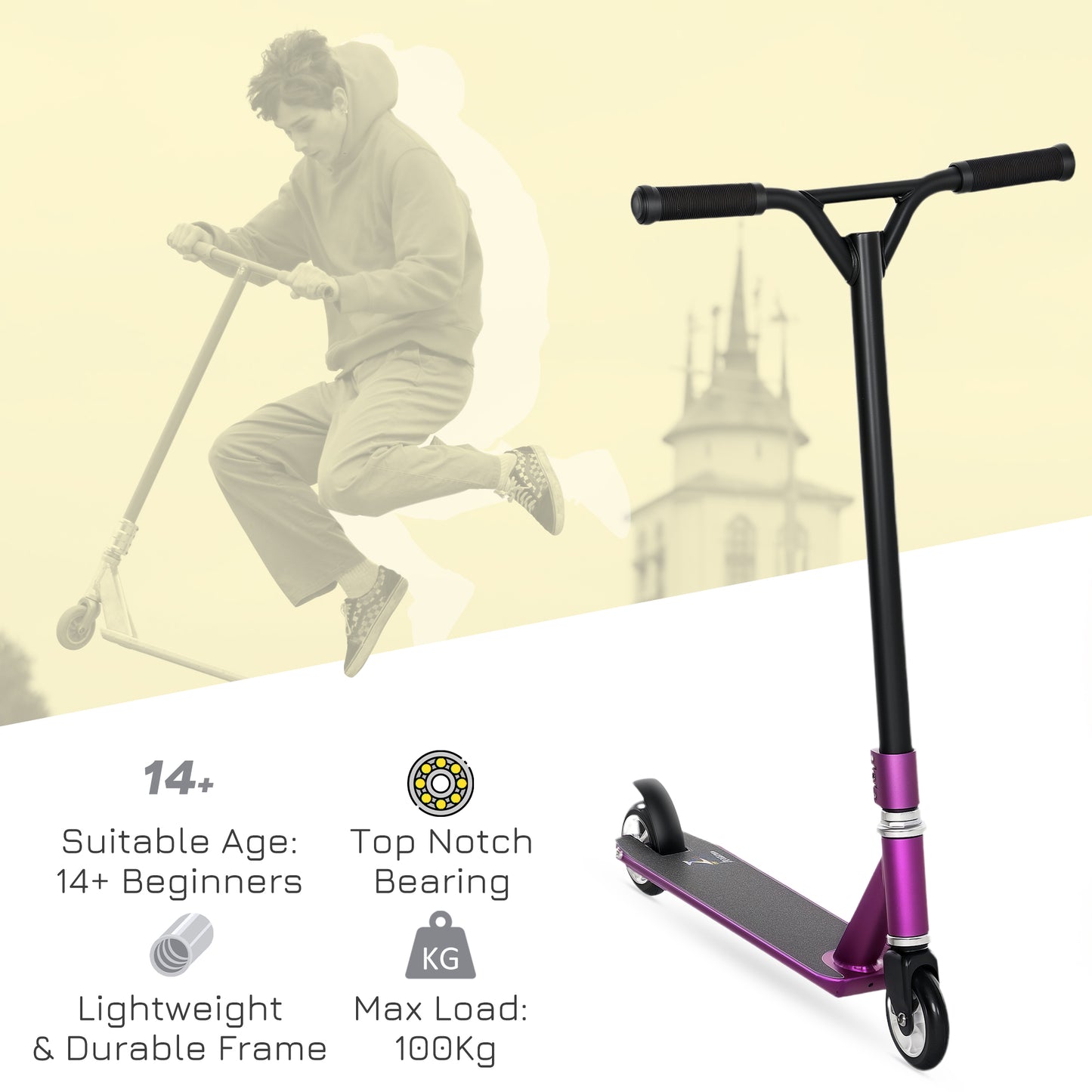 HOMCOM Stunt Scooter, 360° Entry Level Tricks Scooter w/ Lightweight Aluminium Deck and ABEC 7 Bearing, For Age 14+ Beginners, Purple--ChewyGames-ChewyGames