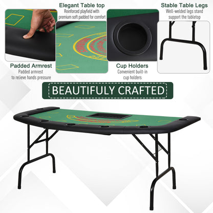 HOMCOM Poker Table, 7-Player Folding Blackjack Table with Chip Tray, Cup Holders, Padded Rails, 182 x 91 x 75 cm, Green