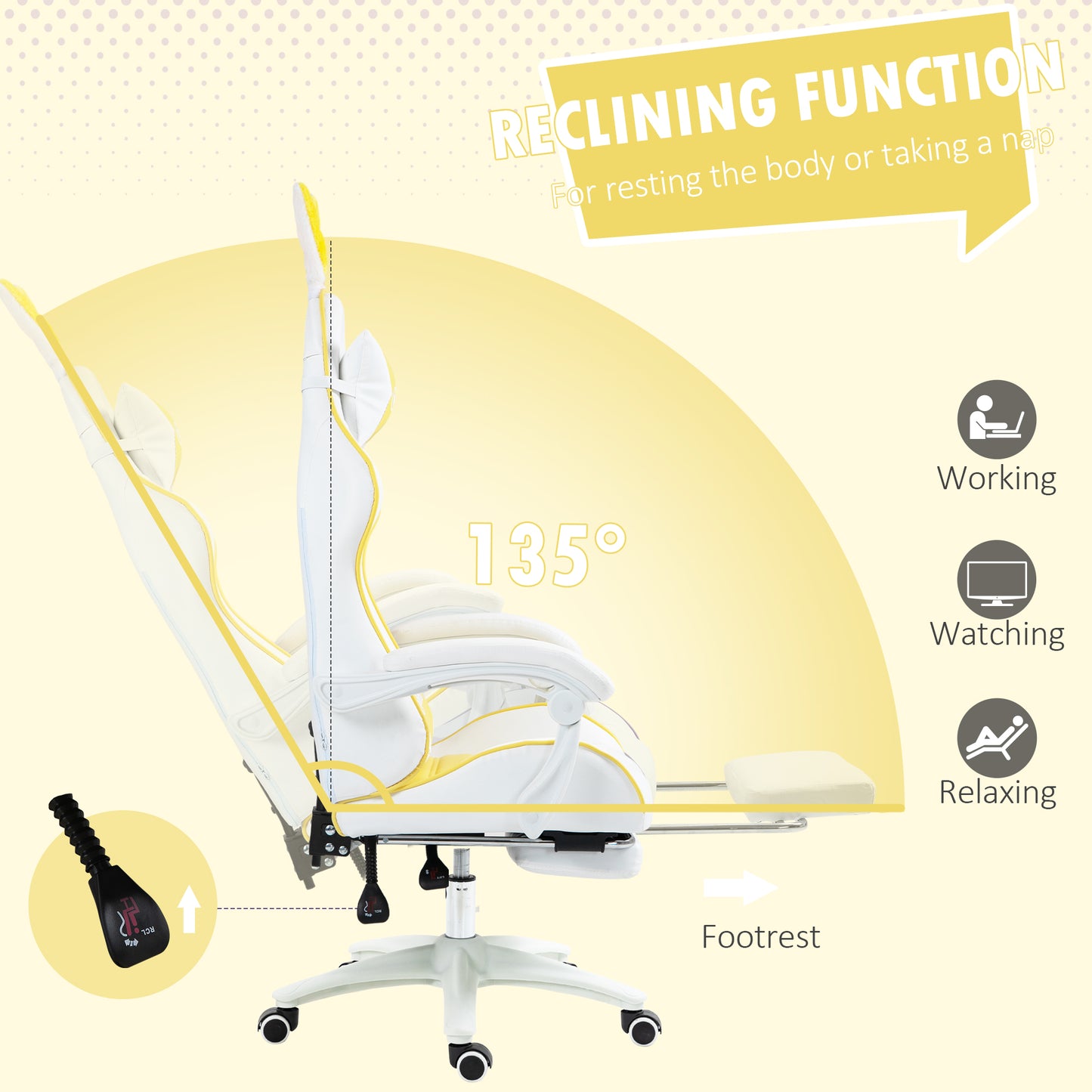 Vinsetto Gaming Chair, Ergonomic Reclining Computer Chair with Headrest, Lumbar Support and Ears for Girls & Adults, Yellow